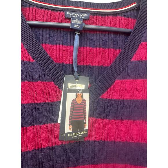 U.S. Polo Assn. V-neck Stripe Cable Sweater evening Blue & redWomen's SizeM NWT - Picture 5 of 6